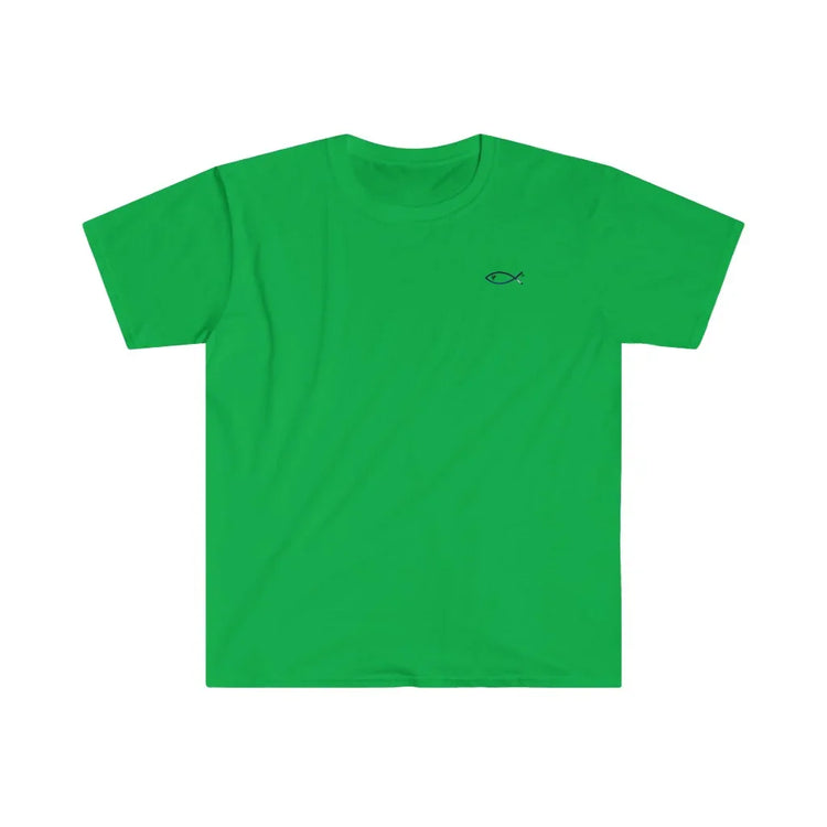Green Christian t-shirt with small Ichthys fish symbol on left chest