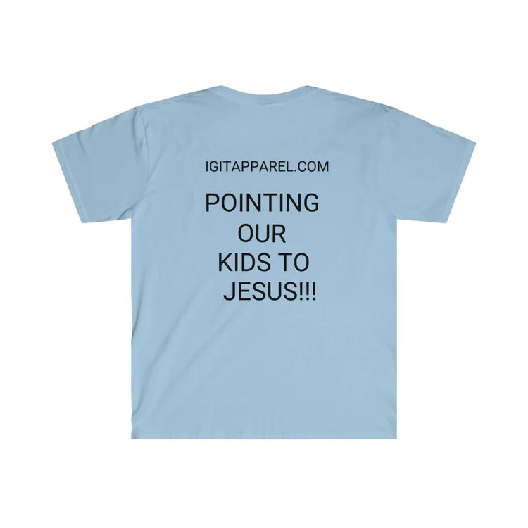 Light blue Christian faith t-shirt with 'POINTING OUR KIDS TO JESUS' text on back.