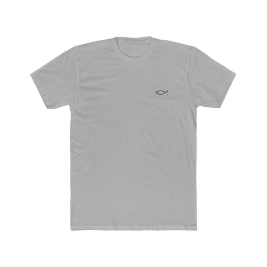 Light grey Christian t-shirt with small black ichthys fish symbol on chest