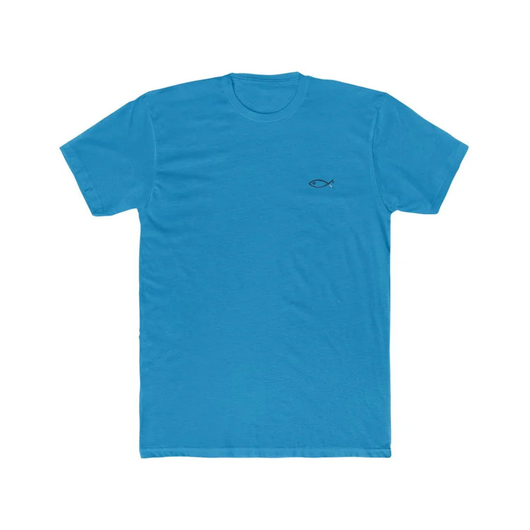 Blue unisex t-shirt with small Christian fish symbol on chest, faith-inspired apparel