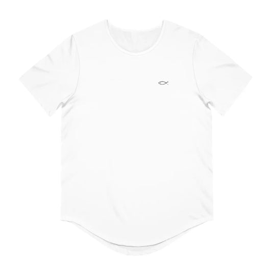White Christian t-shirt with small black ichthys fish symbol on chest, faith-inspired design