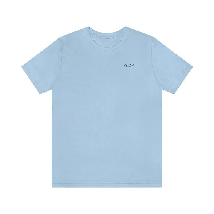 Light blue Christian T-shirt with small Ichthys fish symbol on chest, faith-inspired clothing
