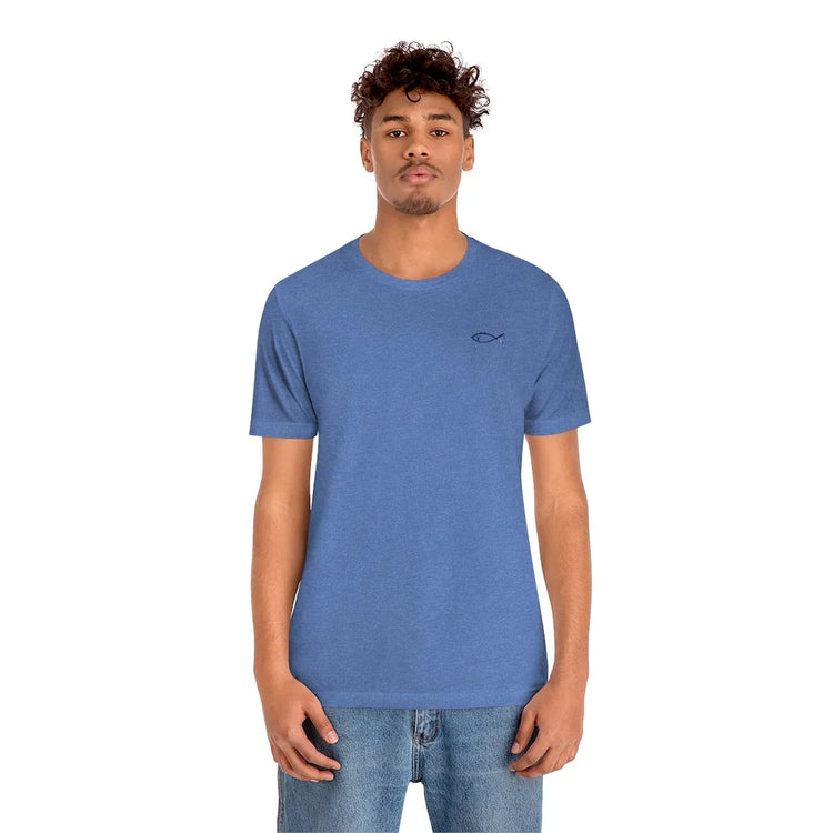 Man wearing blue Christian t-shirt with ichthys fish symbol, faith-inspired apparel
