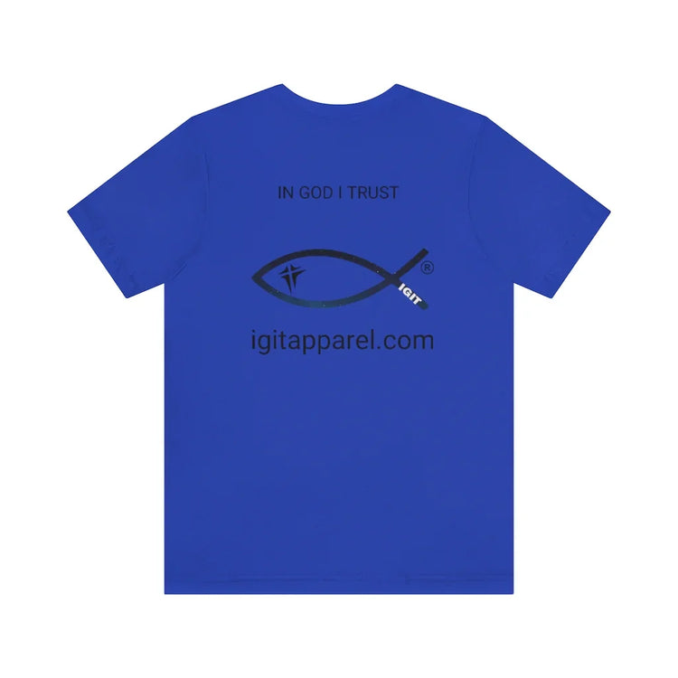 Blue Christian t-shirt with 'In God I Trust' text and fish symbol on the back.