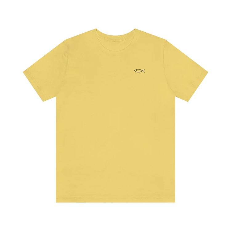 Yellow unisex T-shirt with small Christian fish symbol on chest, faith-inspired apparel