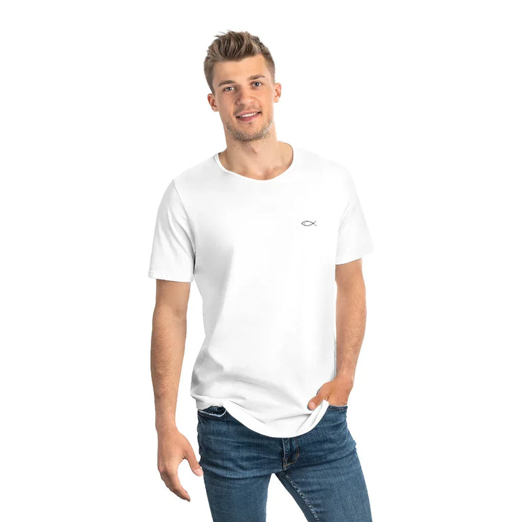 Man wearing white Christian fish symbol t-shirt and blue jeans on white background