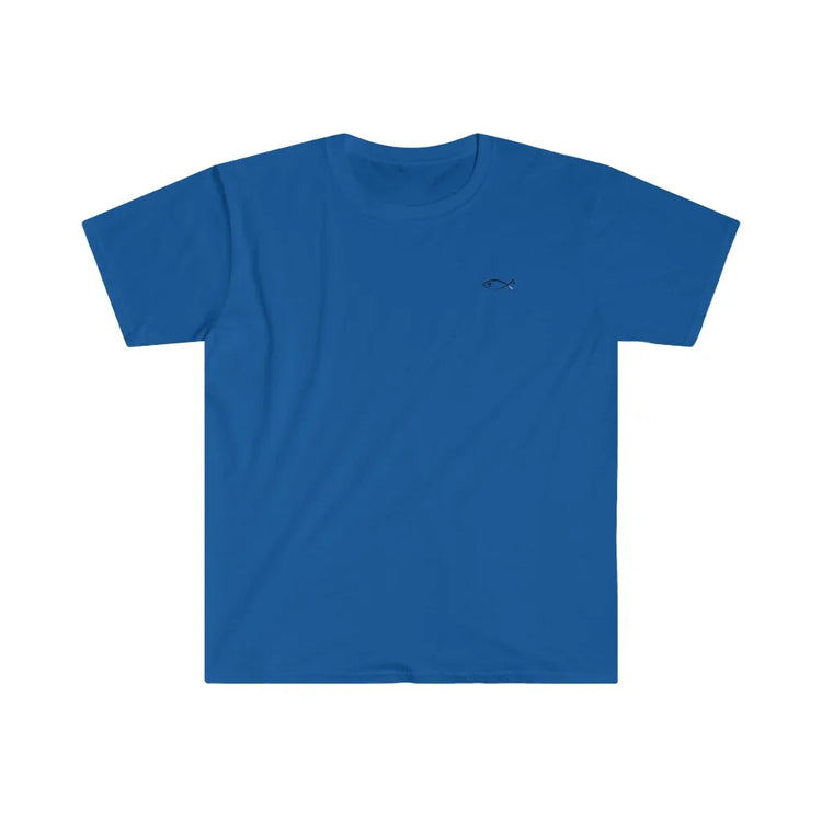 Blue Christian t-shirt with small black ichthys fish logo on chest, faith-inspired apparel