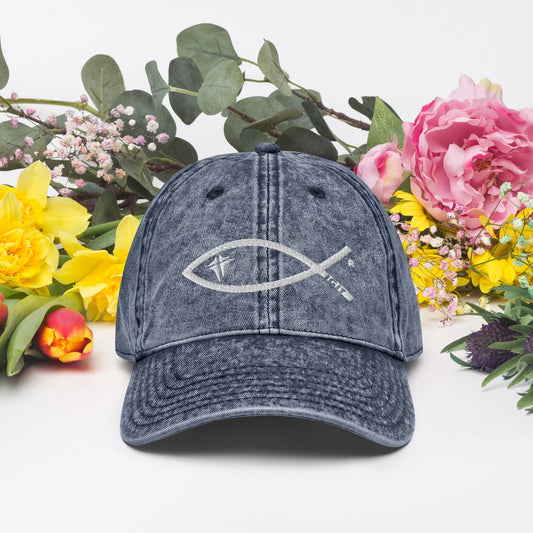 Navy vintage Christian cap with ichthys fish symbol, surrounded by colorful flowers